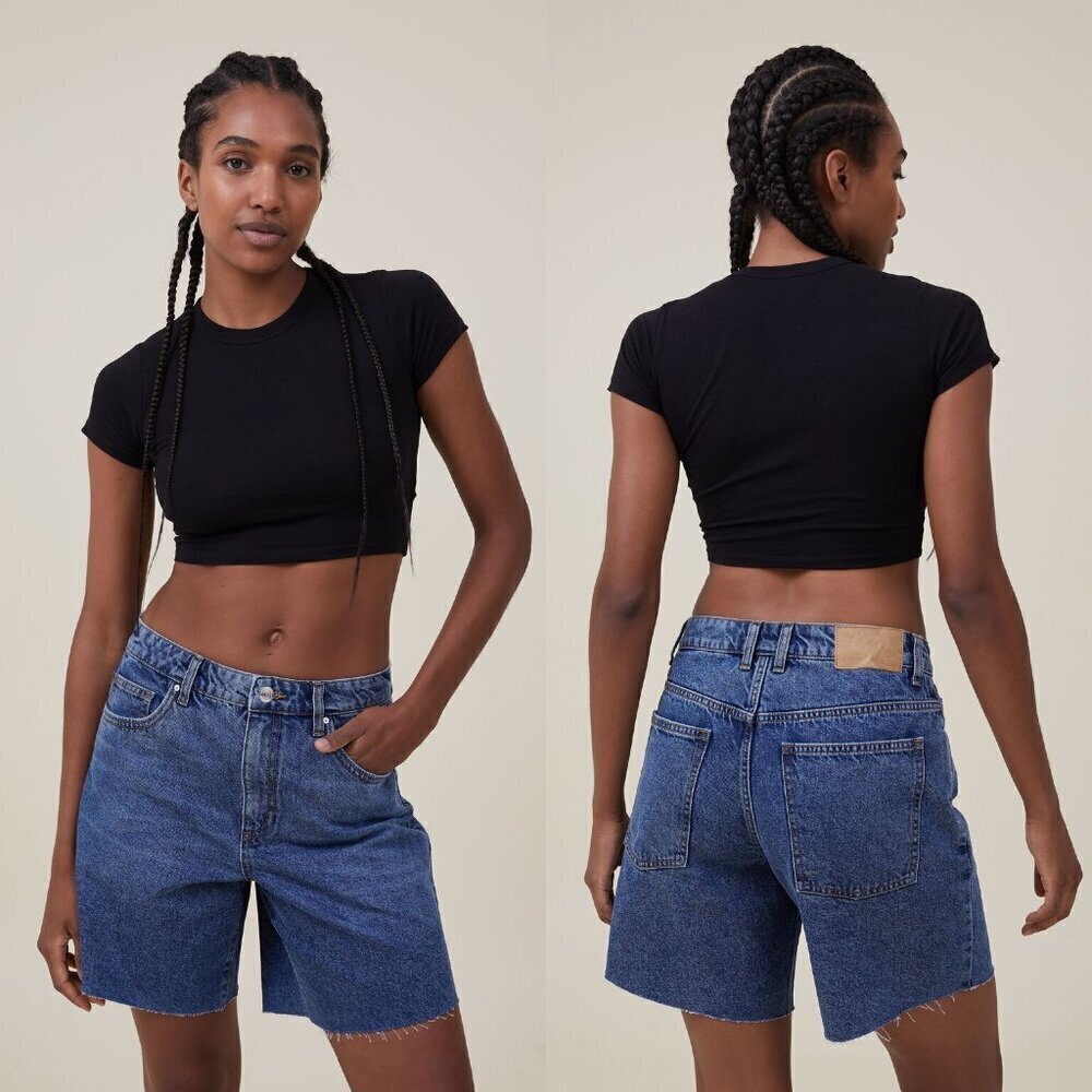 Cotton On Medium Wash Raw Hem Slouchy Relaxed Denim Shorts